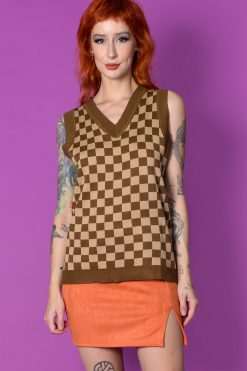 Echo Club House Clothes Brown Checkerboard Knitted Sweater Vest By Daisy Street