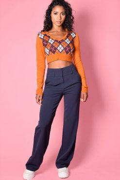 Echo Club House Recess Bell Argyle Collared Cropped Sweater - Tangerine
