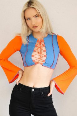 Echo Club House Uppsala Bell Sleeve Reverse Stitch Lace Up Top Clothes