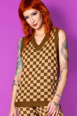 Echo Club House Clothes Brown Checkerboard Knitted Sweater Vest By Daisy Street