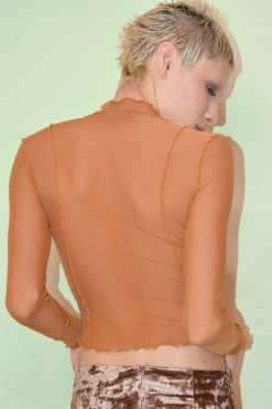 Echo Club House Clothes Encrypted Stitch Detail Mesh Top - Cognac