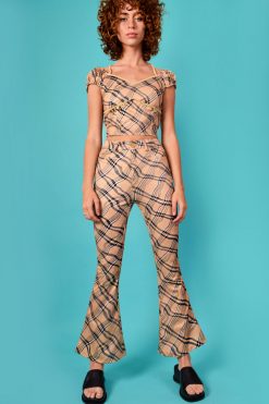 Echo Club House Retrograde Swirl Plaid Printed Tie Back Top