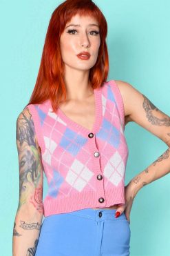 Echo Club House Homeroom Argyle Sweater Button Down Vest - Pink Clothes